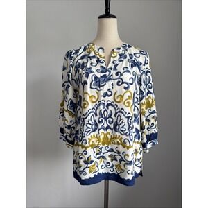 Figueroa & Flower Women's PS Peasant Top Boho Scroll Print Blue Gold Tunic Blous